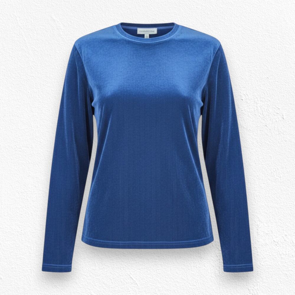1990s Vintage Evan Picone Blue Ribbed Velvet Long Sleeve Y2K Glam Top Size Large